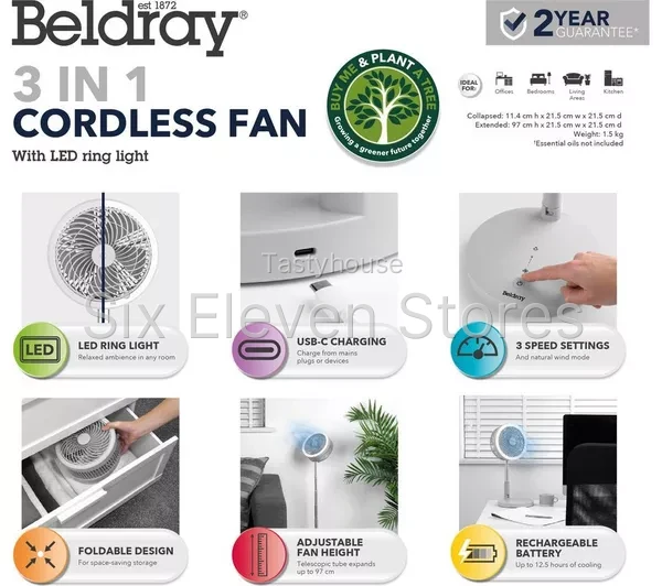 BELDRAY 3-in-1 LED Cordless Fan