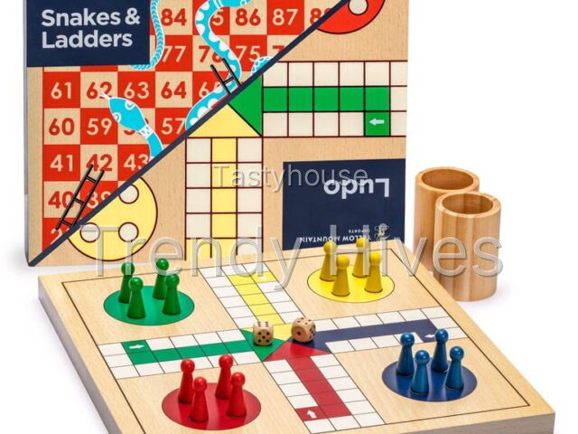 2-in-1 Reversible Wooden Snakes and Ladders, Ludo Game Set