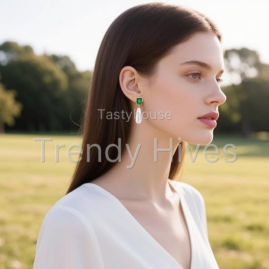 Lsnesstla Simulated Emerald Pearl Earring for Women Emerald Green CZ Dangle Earring Pearl Drop Jewelry May Birthstone
