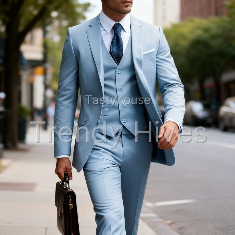 i·FineLong Men’s Light Blue Three – Piece Suit