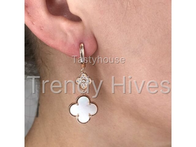 Mother of Pearl Flower Dangle Drop Earrings for Women in 925 Sterling Silver with Rose Gold Plating Hinge Post by Lavari Jewelers