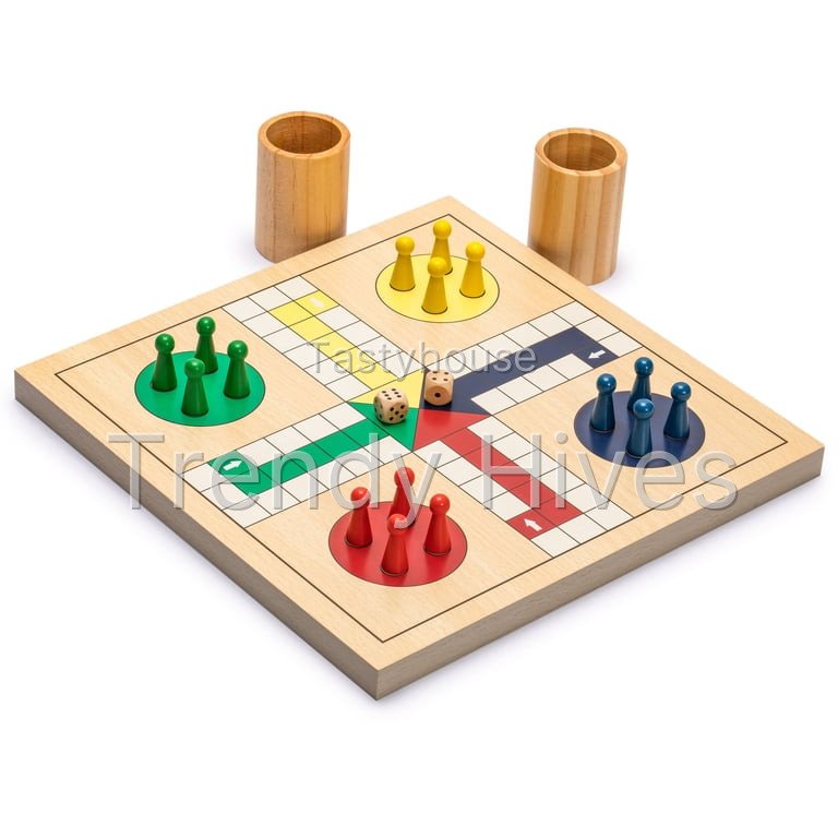 2-in-1 Reversible Wooden Snakes and Ladders, Ludo Game Set