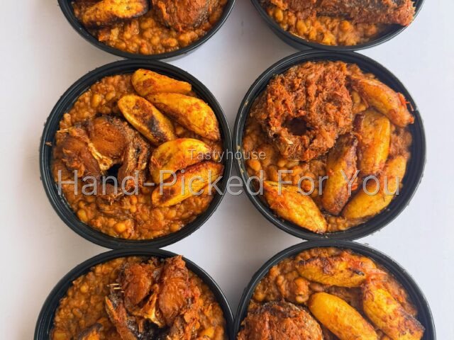 Beans Porridge with Fried Plantain & Fish