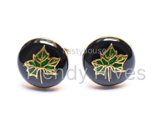Unique style black and green enamel leaf pattern round sterling silver cufflinks for men