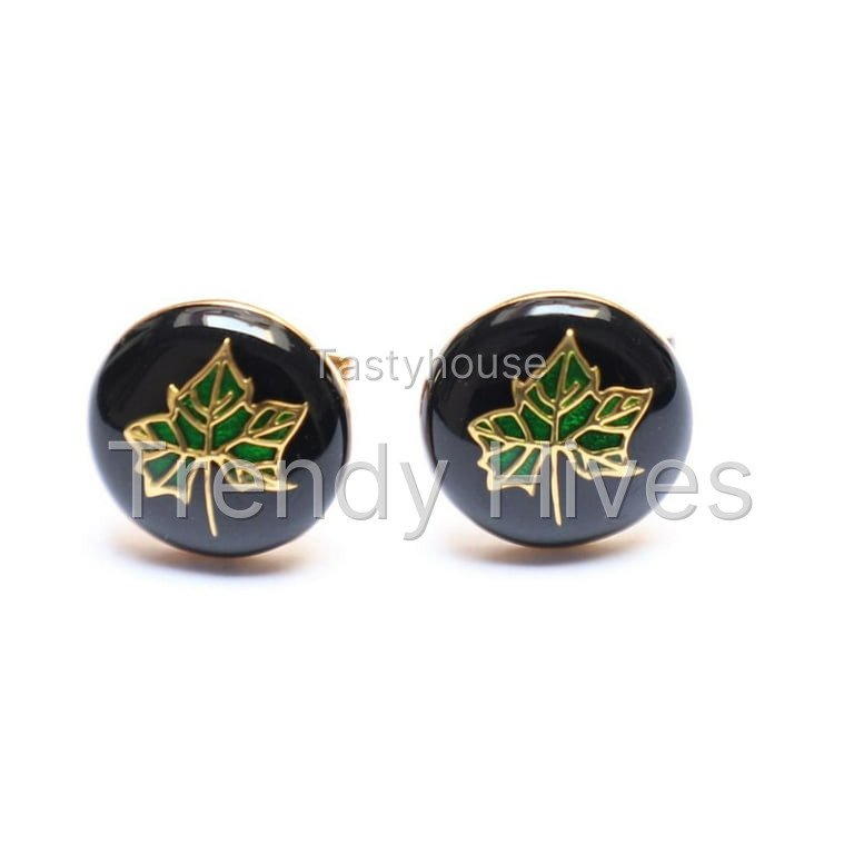 Unique style black and green enamel leaf pattern round sterling silver cufflinks for men