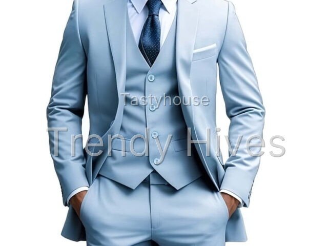 i·FineLong Men’s Light Blue Three – Piece Suit