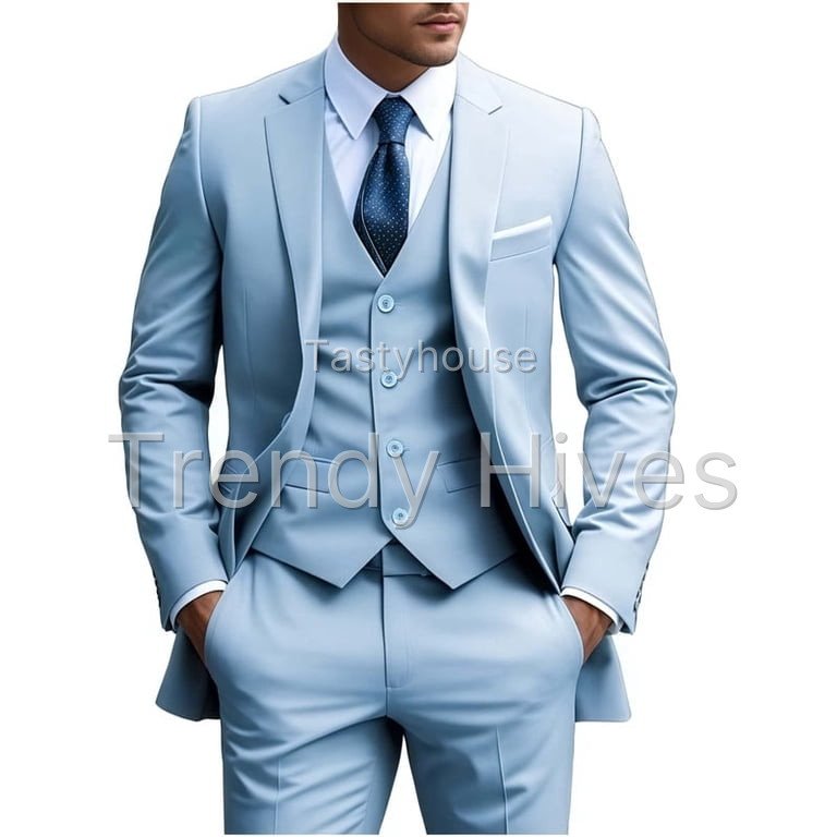 i·FineLong Men’s Light Blue Three – Piece Suit