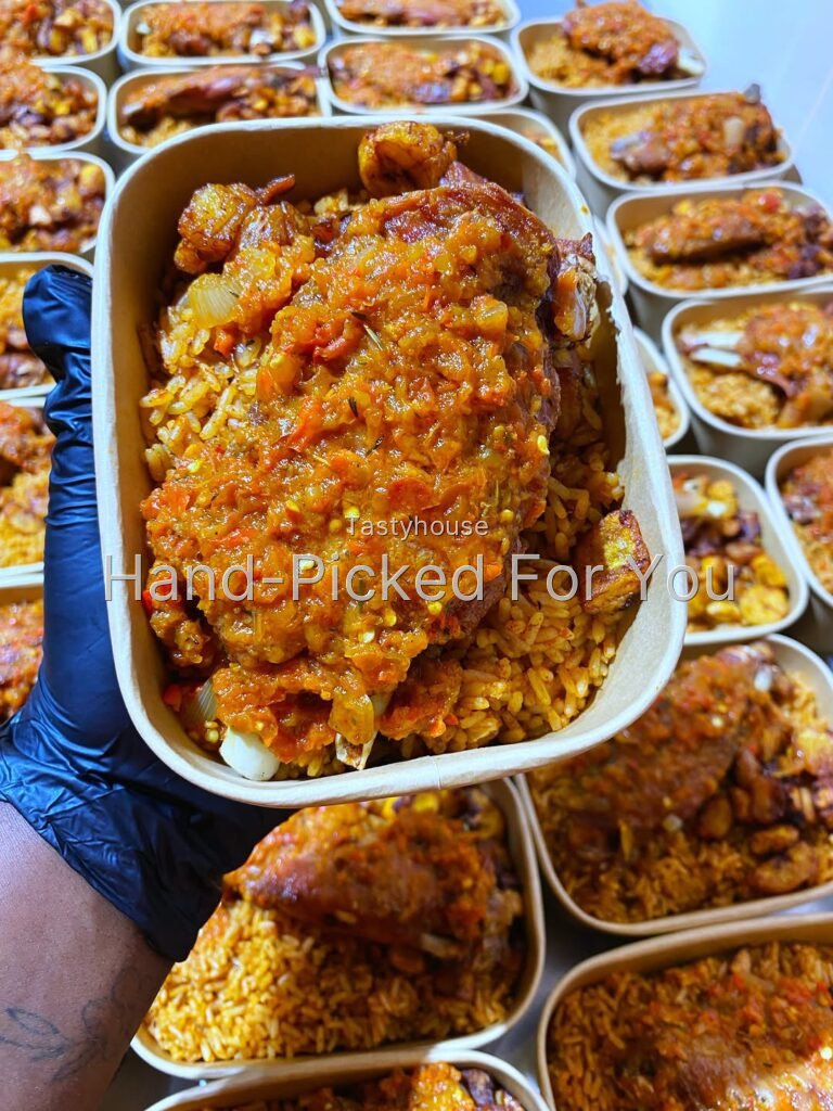 750 ml Smokey jollof rice with plantain and protein