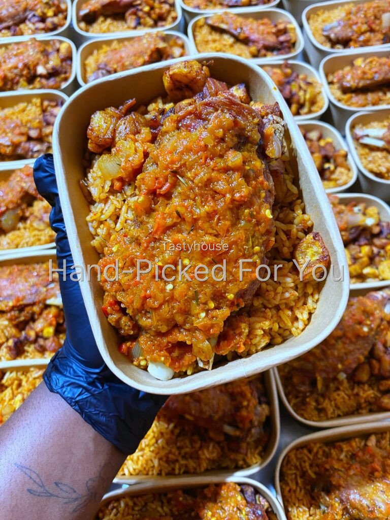 750 ml Smokey jollof rice with plantain and protein