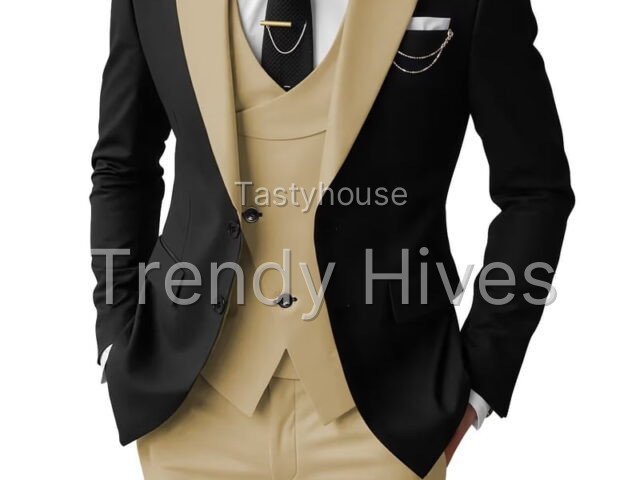 Mens Tuxedo Slim Fit 3 Piece Suits Formal Champagne Suits for Men