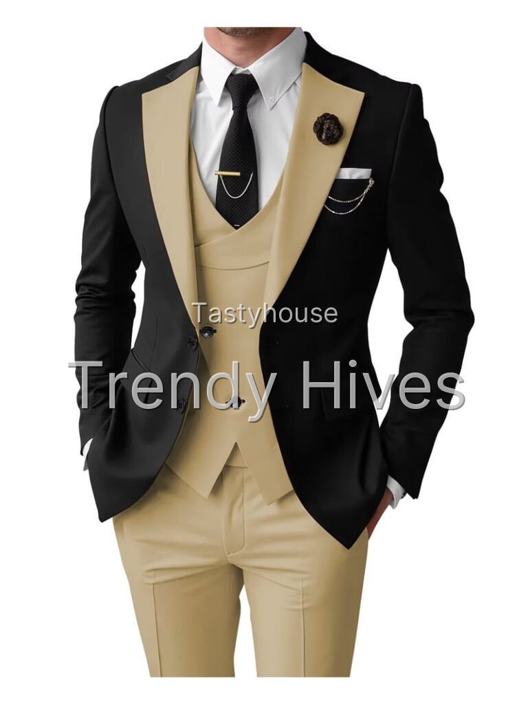 Mens Tuxedo Slim Fit 3 Piece Suits Formal Champagne Suits for Men