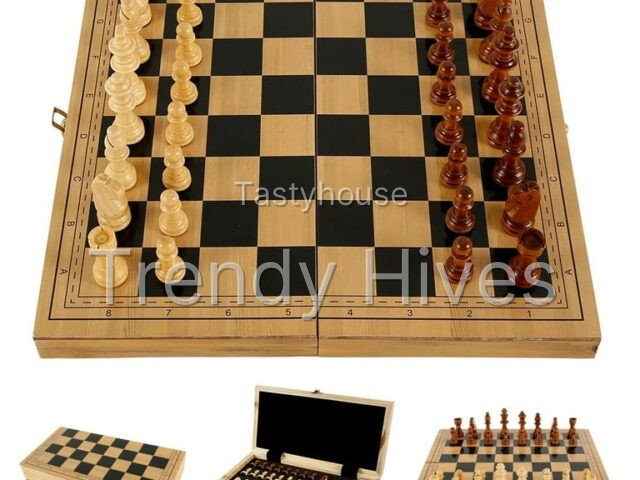 ODOMY Upgraded Chess Folding Wooden Chess Set with Storage Slots