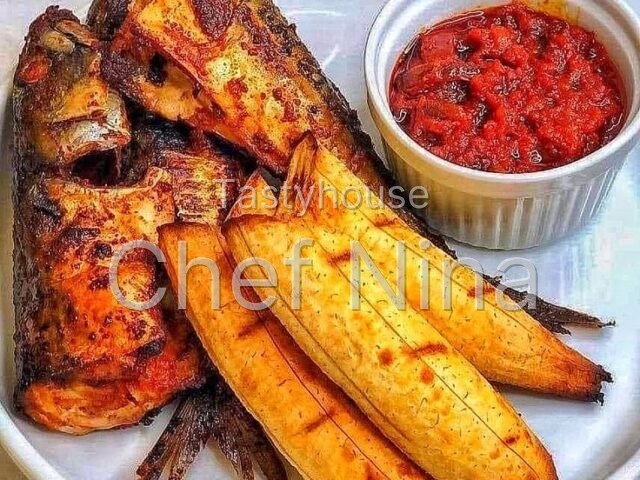 Bole Platter with Grilled Fish, Plantain & Sauce
