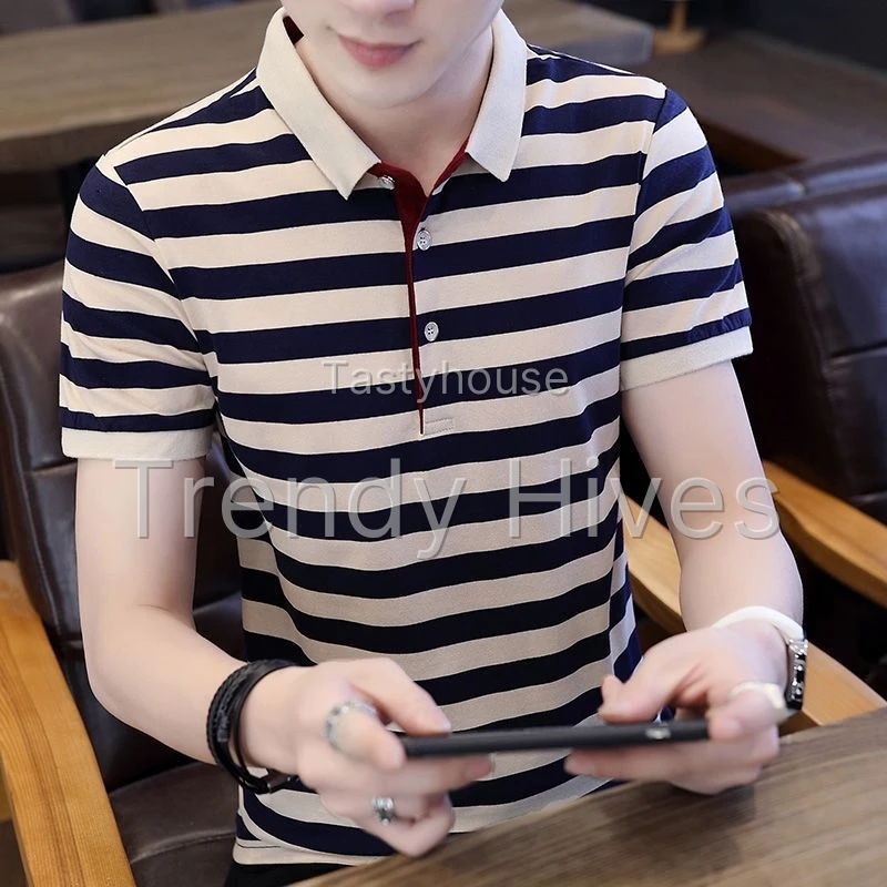 Men’s Short Sleeve Striped Lapel Polo Shirt