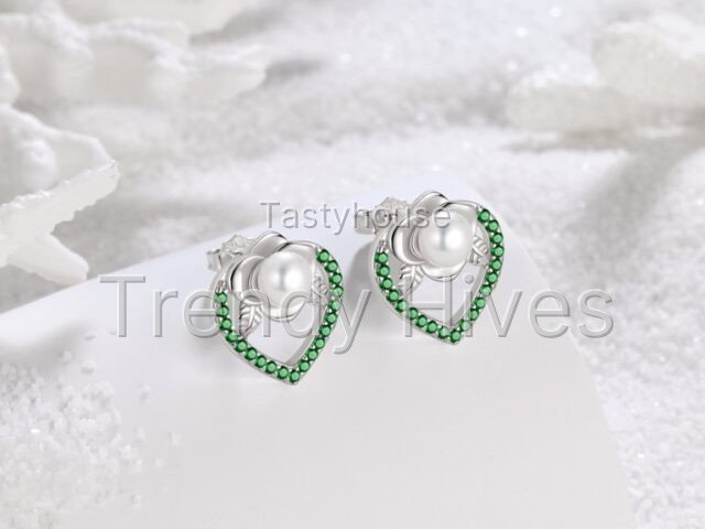 Fasjewly 925 Sterling Silver May Emerald Birthstone Earrings for Women, Pearl Bow Dangle Stud Earrings
