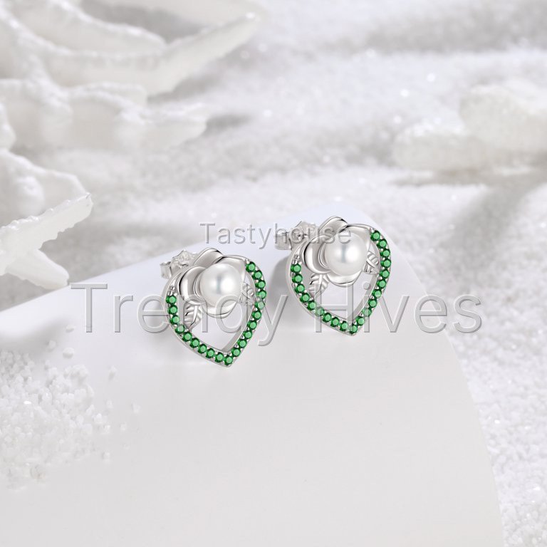 Fasjewly 925 Sterling Silver May Emerald Birthstone Earrings for Women, Pearl Bow Dangle Stud Earrings