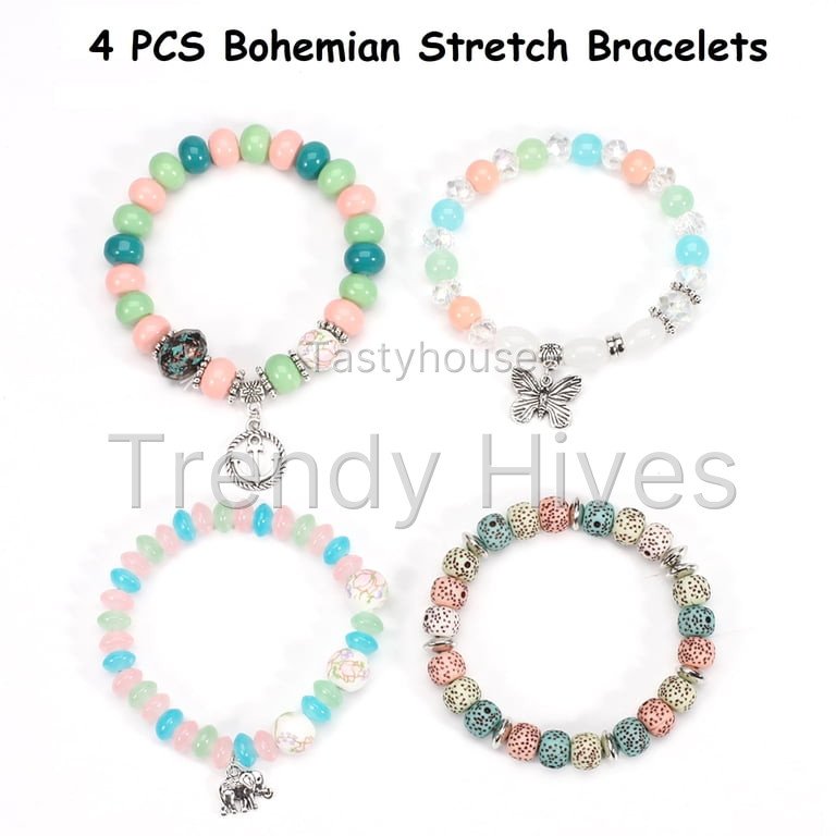 Heshpaws 4 PCS Bohemian Stretch Anchor Bracelets Elephant Butterfly Retro Bracelets