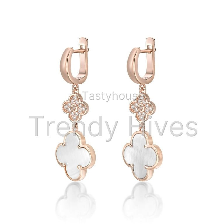 Mother of Pearl Flower Dangle Drop Earrings for Women in 925 Sterling Silver with Rose Gold Plating Hinge Post by Lavari Jewelers