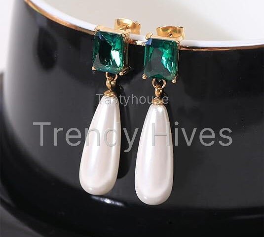 Lsnesstla Simulated Emerald Pearl Earring for Women Emerald Green CZ Dangle Earring Pearl Drop Jewelry May Birthstone