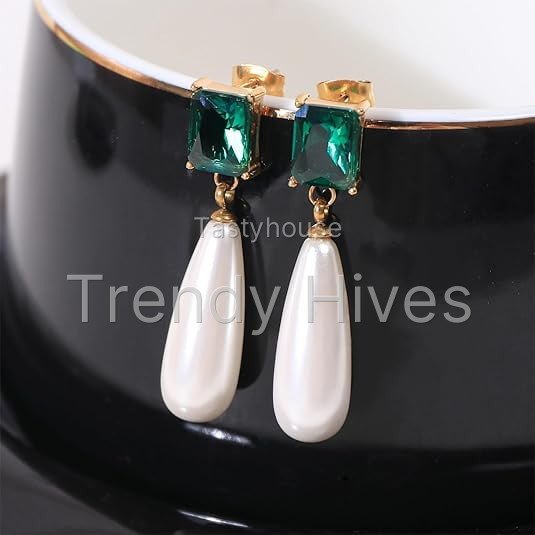 Lsnesstla Simulated Emerald Pearl Earring for Women Emerald Green CZ Dangle Earring Pearl Drop Jewelry May Birthstone