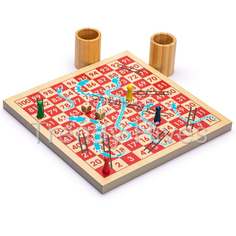2-in-1 Reversible Wooden Snakes and Ladders, Ludo Game Set