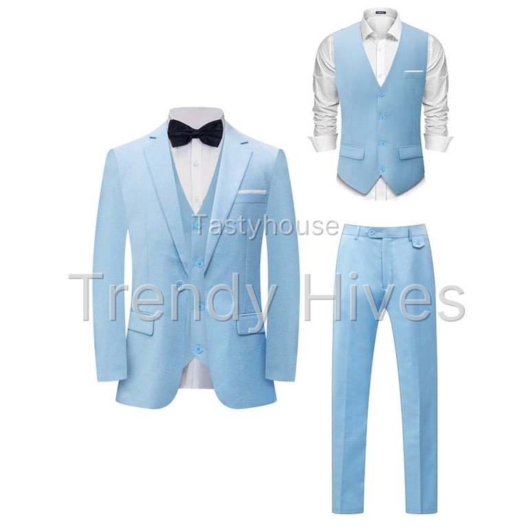 i·FineLong Men’s Light Blue Three – Piece Suit