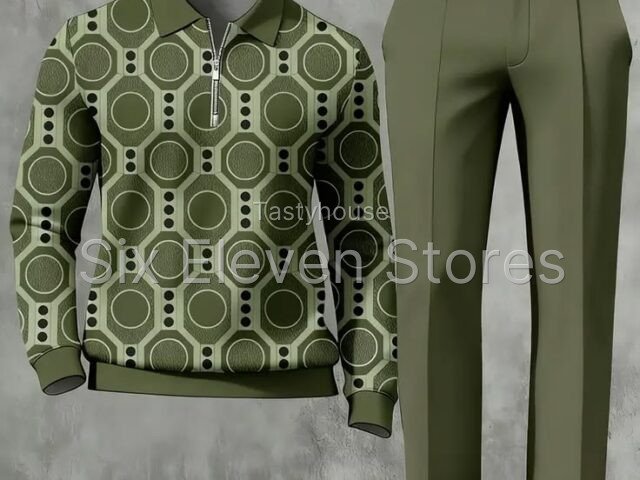 Mens spring autumn casual sports suit brown geometric