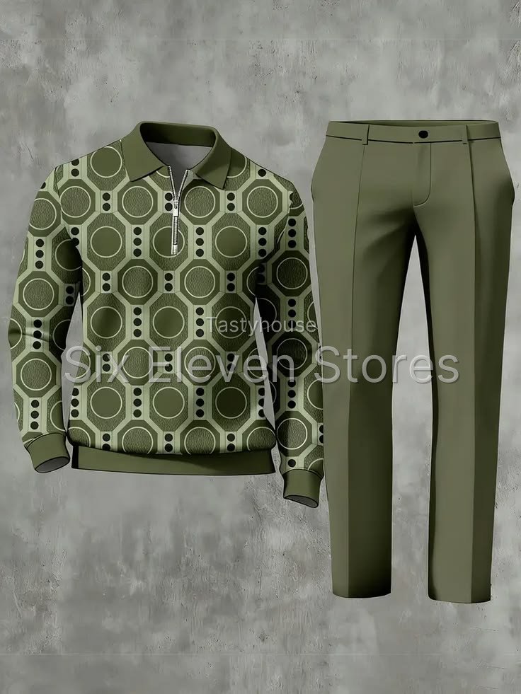 Mens spring autumn casual sports suit brown geometric