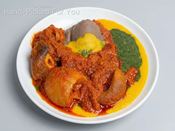 Amala with Ewedu, Gbegiri, Stew, 2 Beefs & Water